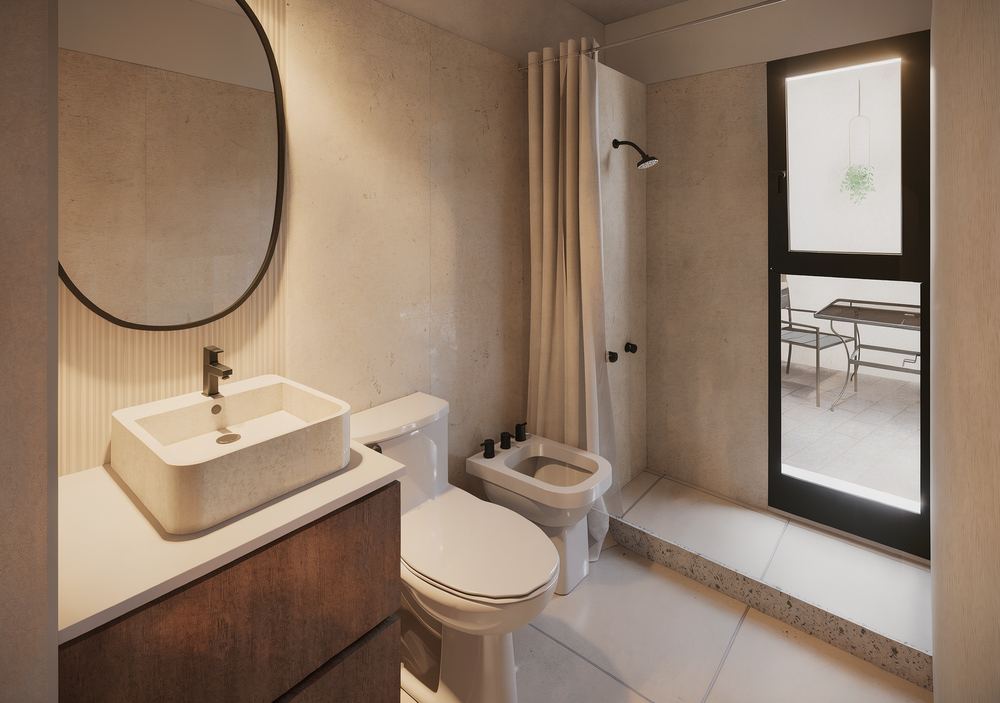 Baño completo con vanitory, espejo circular y ducha