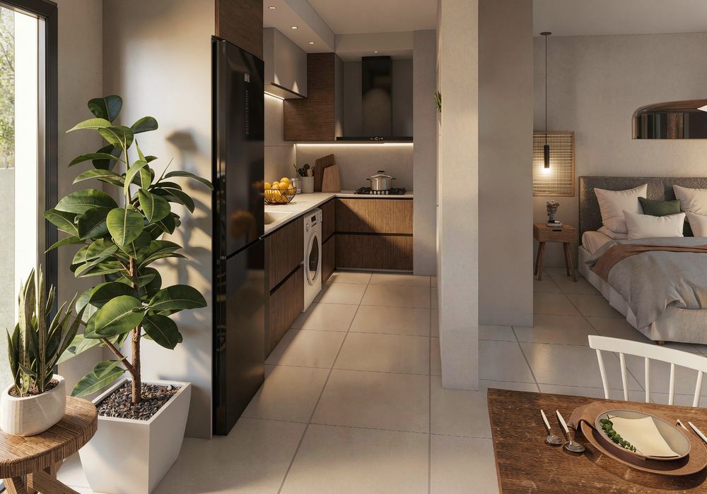 Interior del monoambiente, con la cocina y el sector de descanso integrados