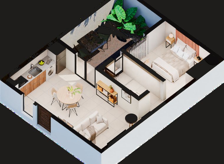 Axonometría del departamento de un dormitorio: cocina comedor, living, dormitorio separado, baño y patio