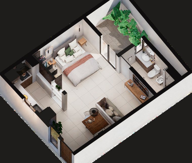 Axonometría del monoambiente: sector de descanso, cocina comedor integrado, baño y patio